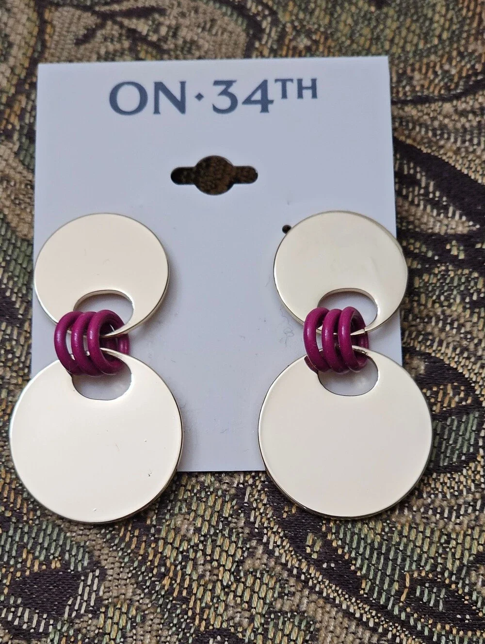 Gold-Tone and Fuchsia Disc Drop Earrings with Fuchsia Accent NWT